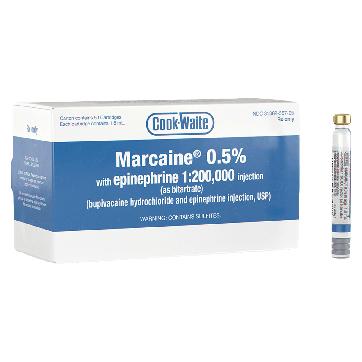 Marcaine 0.5% with Epinephrine 1:200,000 Bupivacaine Anesthetic Cartridge, 1.7 ml, 50/Box - Marcaine 0.5% w/Epi 1.7 ml INJ - Image 1