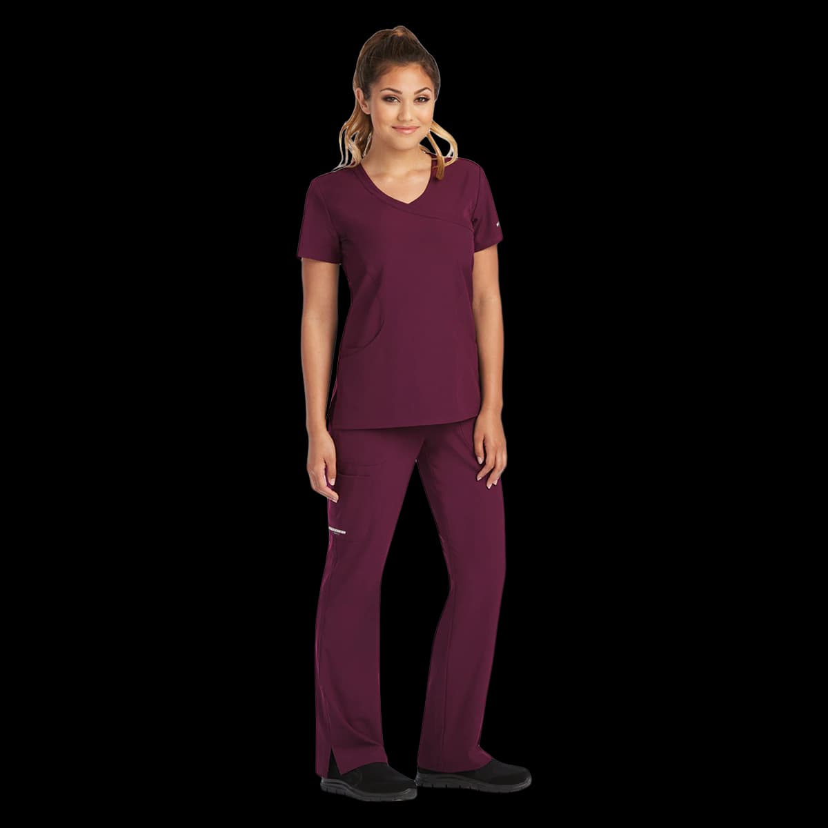 Skechers SK102 Scrub Top, Women's, Wine, 2XL, Mock Wrap Neck, 3 Pockets, 25.5 in - Skechers Wine Top 2XL - Image 1