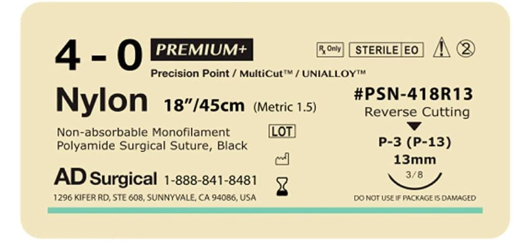 Unify Premium+ Suture Nylon Monofilament 4-0, 18", Non-Absorbable, P-3 Reverse Cutting 3/8 Circle Needle 13mm, Uncoated Black, 12/Box - Suture Premium Nylon 4-0 - Image 1