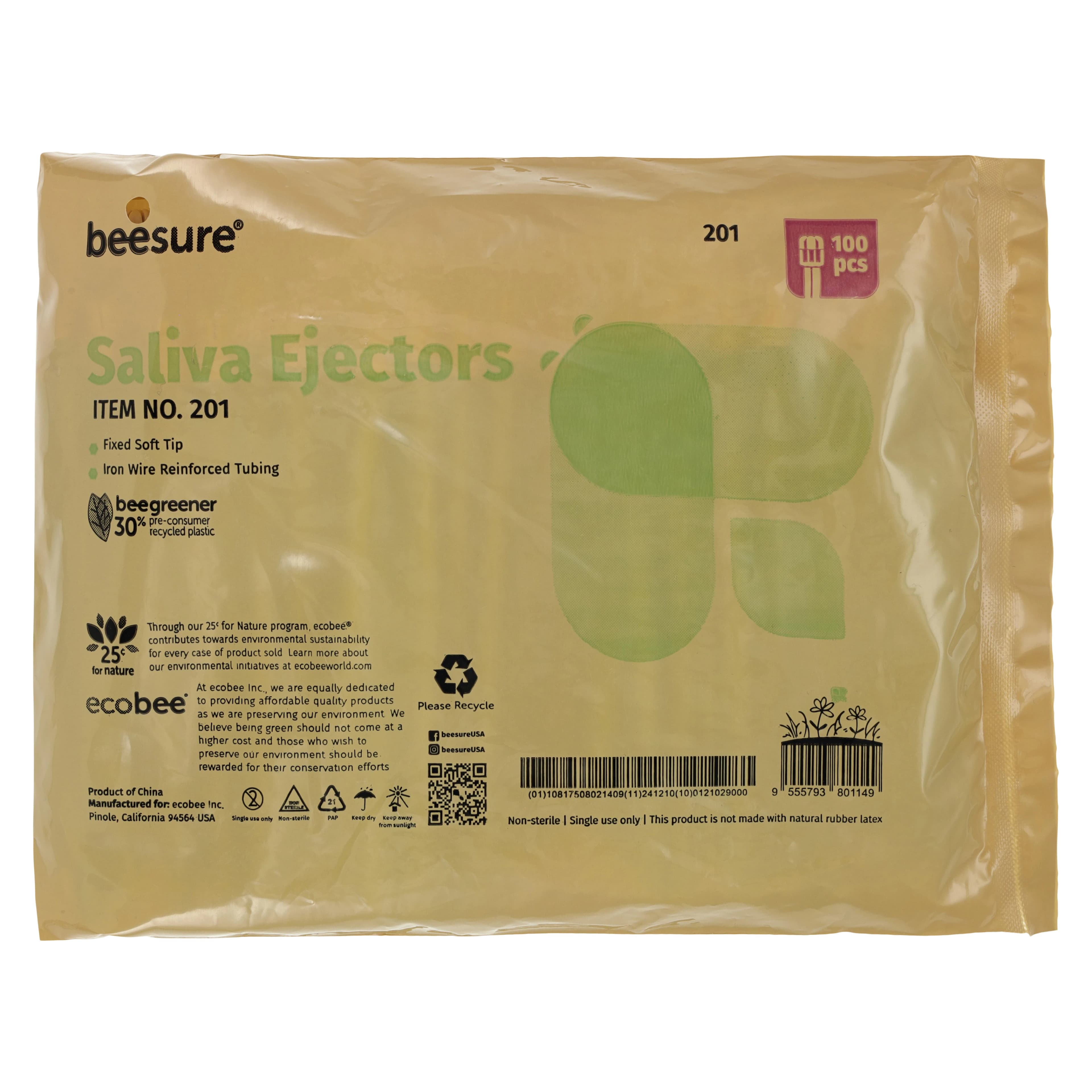 BeeSure Saliva Ejectors, Green, Fixed Soft Tip, Latex-Free, 100/Bag, BE201 thumbnail 3