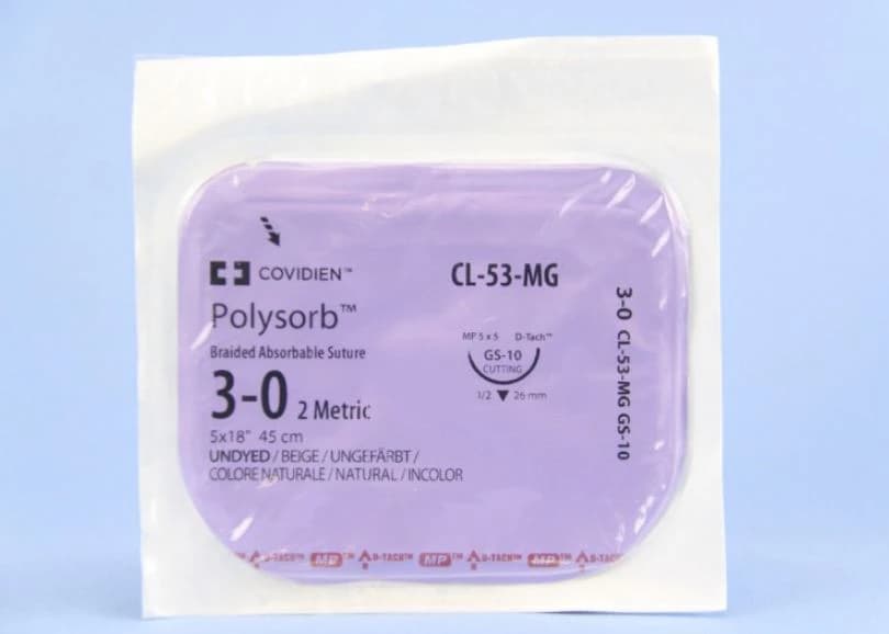 Medtronic Polysorb Absorbable Suture, 3-0, 18", GS-10 Reverse Cutting 1/2 Circle Needle 26mm, Undyed, 12/Case - Suture Polysorb UD GS-10 - Image 1