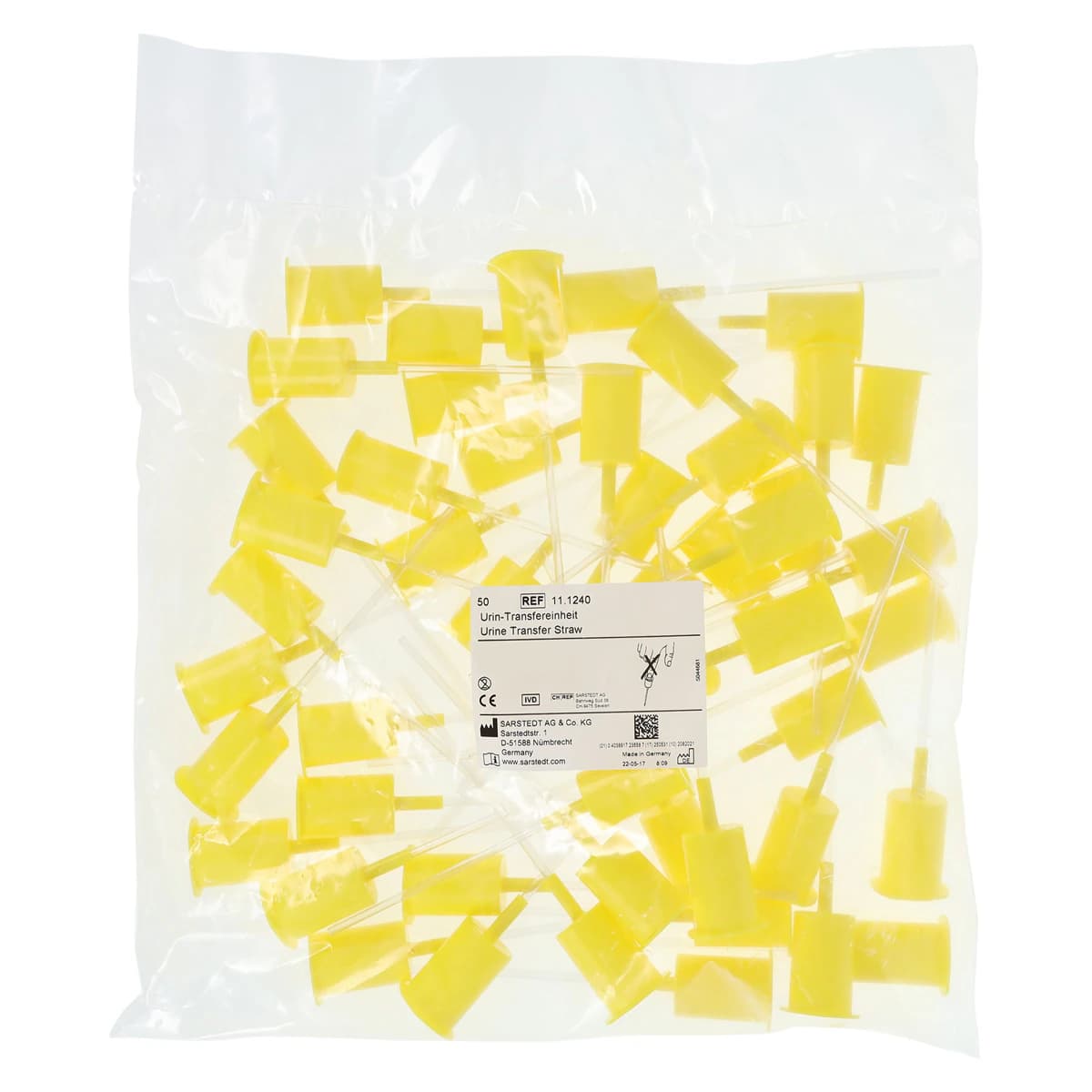 Sarstedt V-Monovette Plastic Urine Transfer Straw, Yellow, Non-Sterile, Disposable, with Cap, 50/Bag - Straw Urine Transfer - Image 1