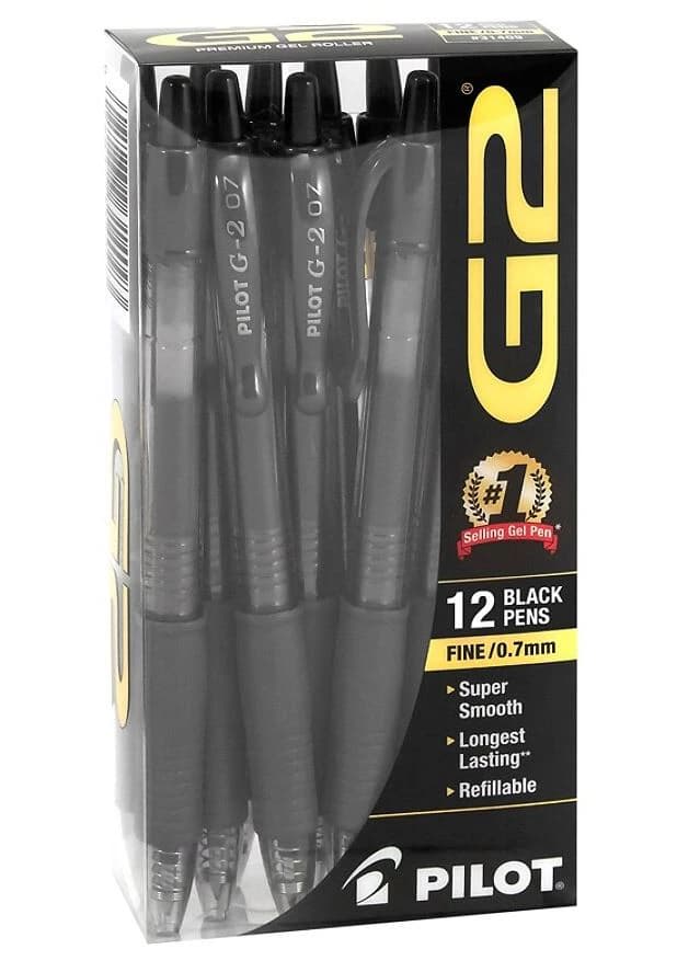 Pilot G-2 Retractable Gel Ink Pens, Fine Point 0.7 mm, Black, 12/Pack - Pen Ink Gel Fine Pt 0.7mm - Image 1