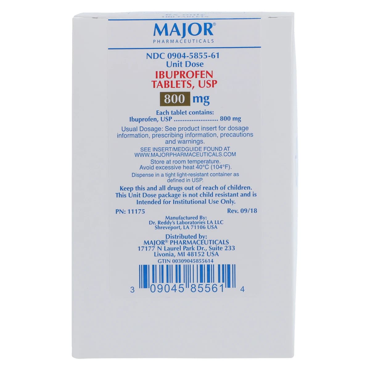 Ibuprofen Tablets 800 mg, Unit Dose, 100/Package, Major Pharmaceuticals thumbnail 2