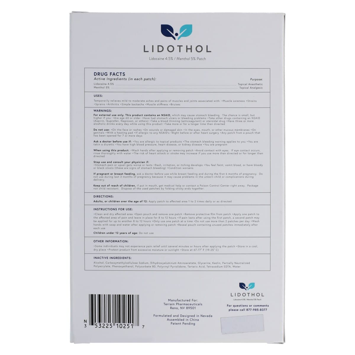 Lidothol Topical Patch 4.5%/5%, 15 Patches per Pouch, Terrain Pharmaceuticals thumbnail 4
