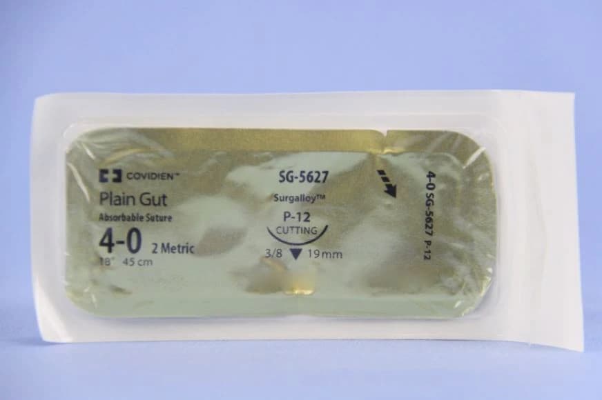 Medtronic Plain Gut Suture, 4-0, 18" Monofilament, P-12 Cutting 3/8 Circle Needle 19mm, Uncoated Tan, 36/Package - Suture Plain Gut P-12 18" - Image 1