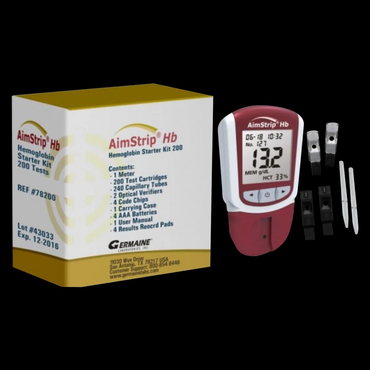 AimStrip Hemoglobin Starter Kit, CLIA Waived, with Meter, 240 Tubes, 4 Batteries, 200 Tests - Starter Kt HB Aimstrp 200 Tsts - Image 1