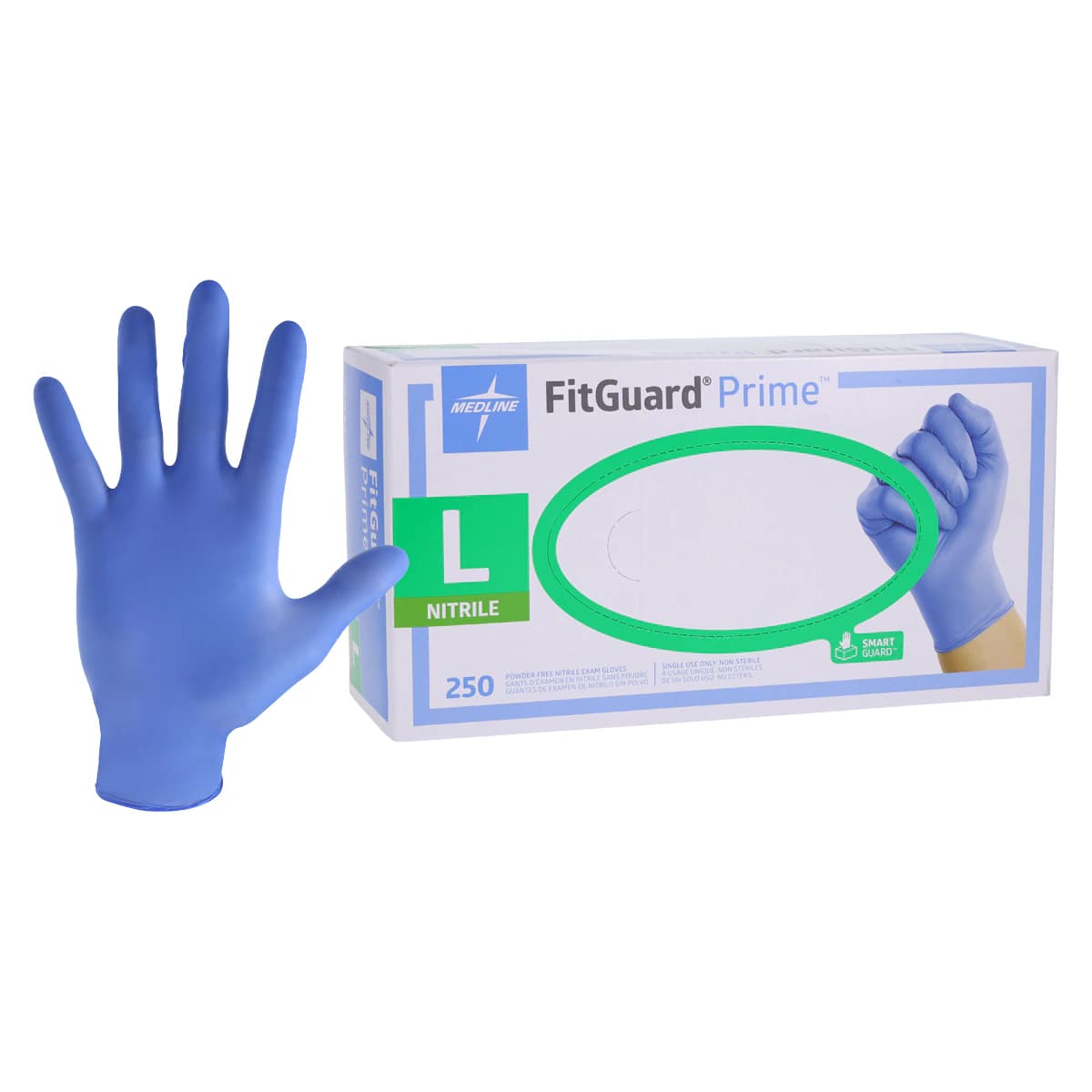 Medline FitGuard Prime Nitrile Exam Gloves, Powder-Free, Latex-Free, Large, Violet Blue, 250/Box - Glove Exam FitGuard Ntrl PF LF - Image 1