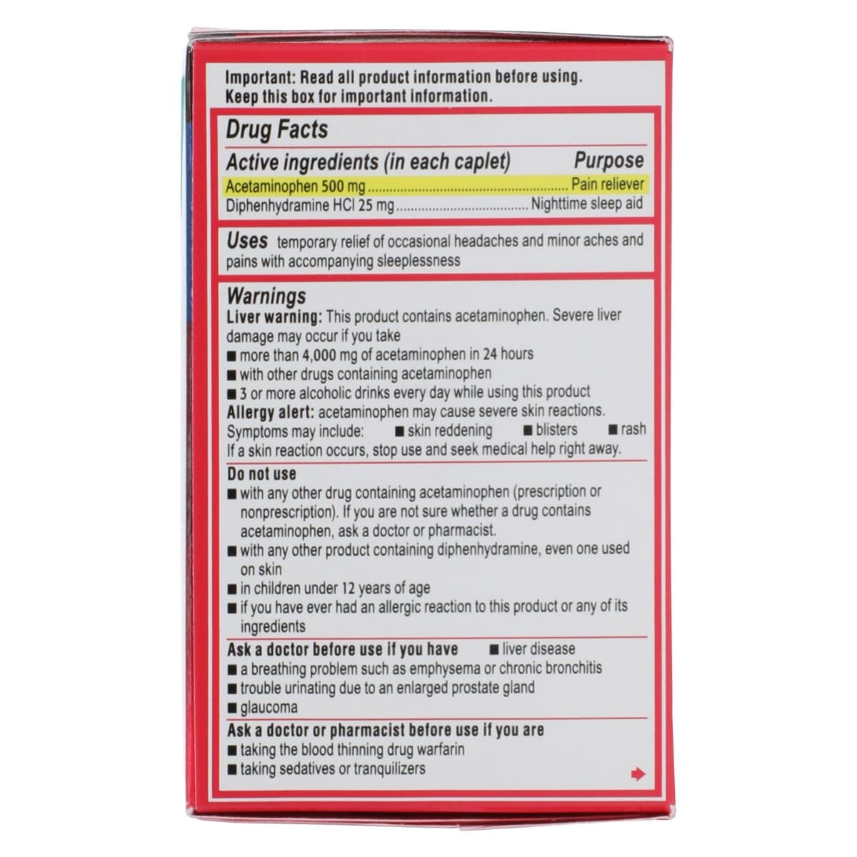 Tylenol PM Extra Strength Pain Reliever/Fever Reducer Caplets, 500mg Acetaminophen/25mg Diphenhydramine HCl, 100 Count Bottle thumbnail 5