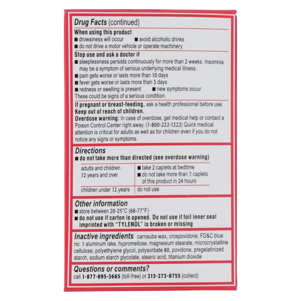 Tylenol PM Extra Strength Pain Reliever/Fever Reducer Caplets, 500mg Acetaminophen/25mg Diphenhydramine HCl, 100 Count Bottle thumbnail 2
