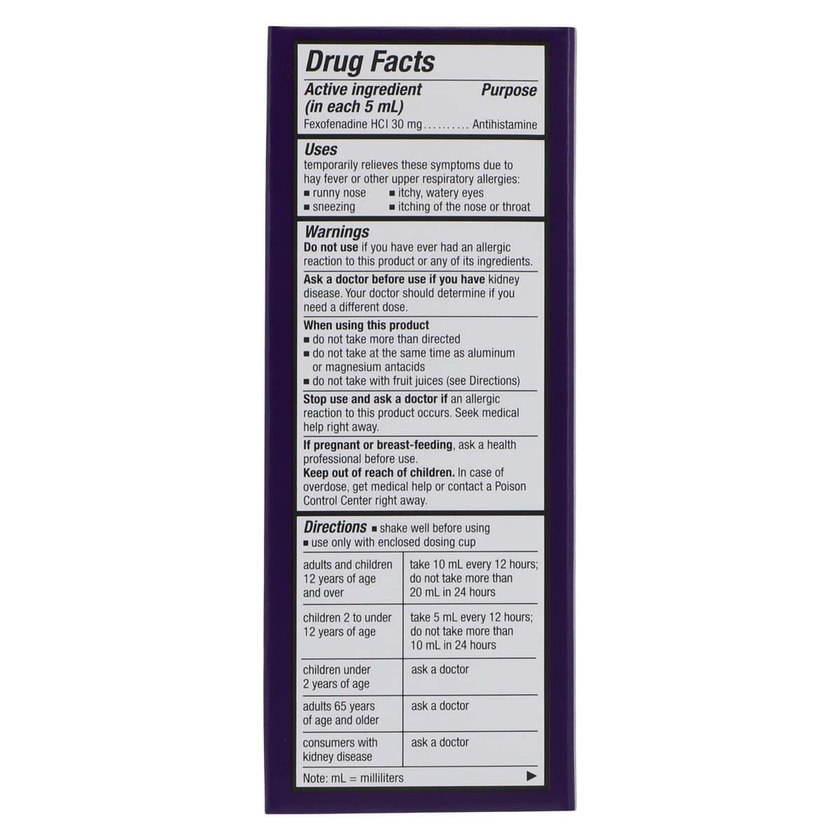 Allegra Children's Allergy Liquid Suspension, 30mg/5mL, 12-Hour, Berry Flavor, 4 oz Bottle thumbnail 2