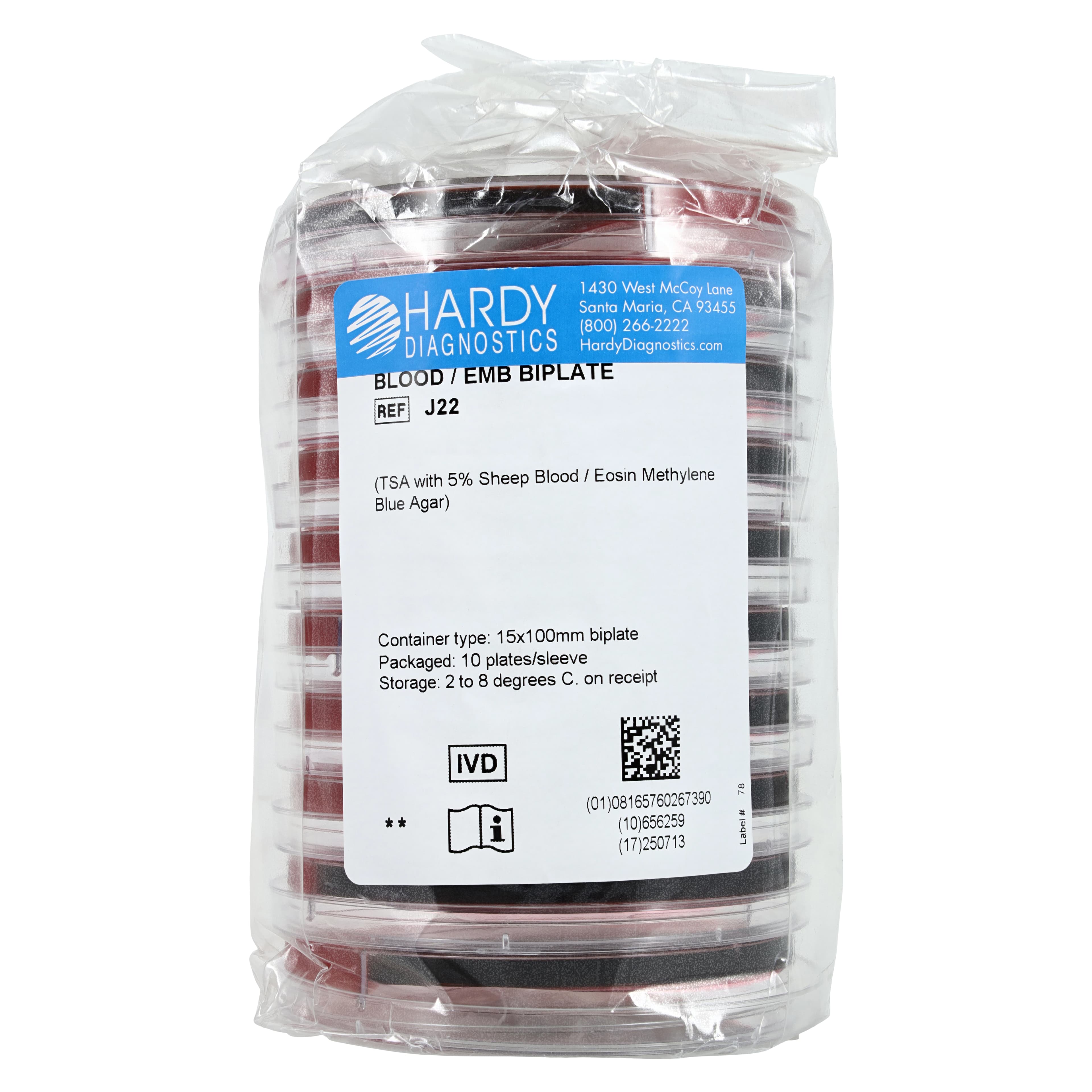 Hardy Diagnostics Blood Agar 5% / EMB Agar Bi-Plate, 15x100mm, 10/Pk thumbnail 3