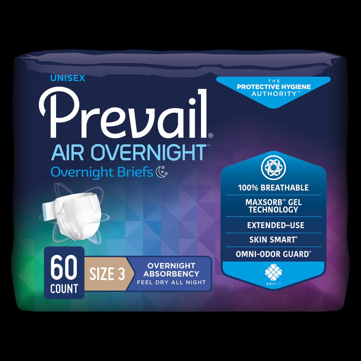 Prevail Air Incontinence Brief, Unisex, Heavy, Refastenable Tabs, 58-73" Waist, Gray, 60/Case - Brief Incont Prevail Air - Image 1