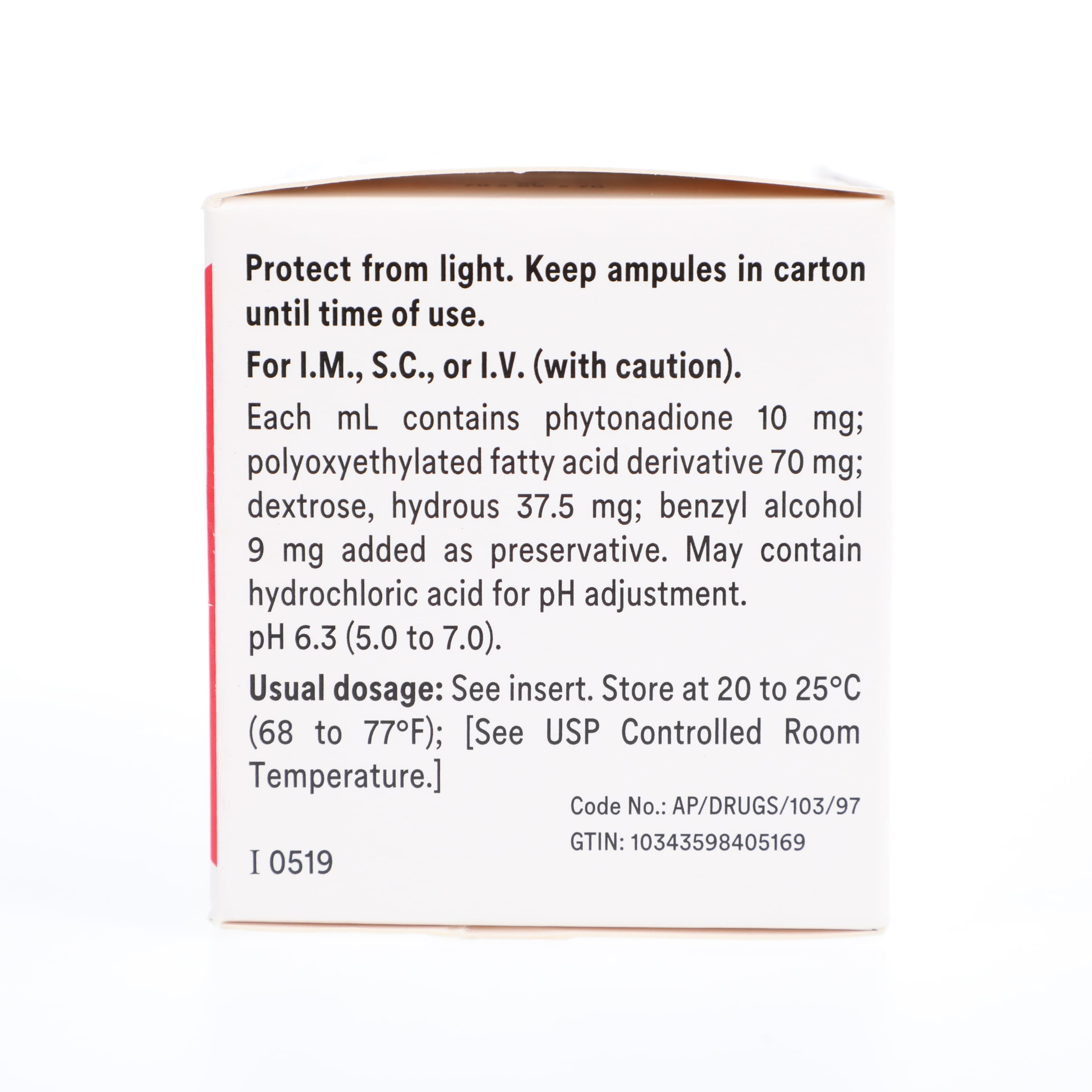 Phytonadione (Vitamin K) Injection 10 mg/mL, 1 mL Ampule, 25/Package thumbnail 2