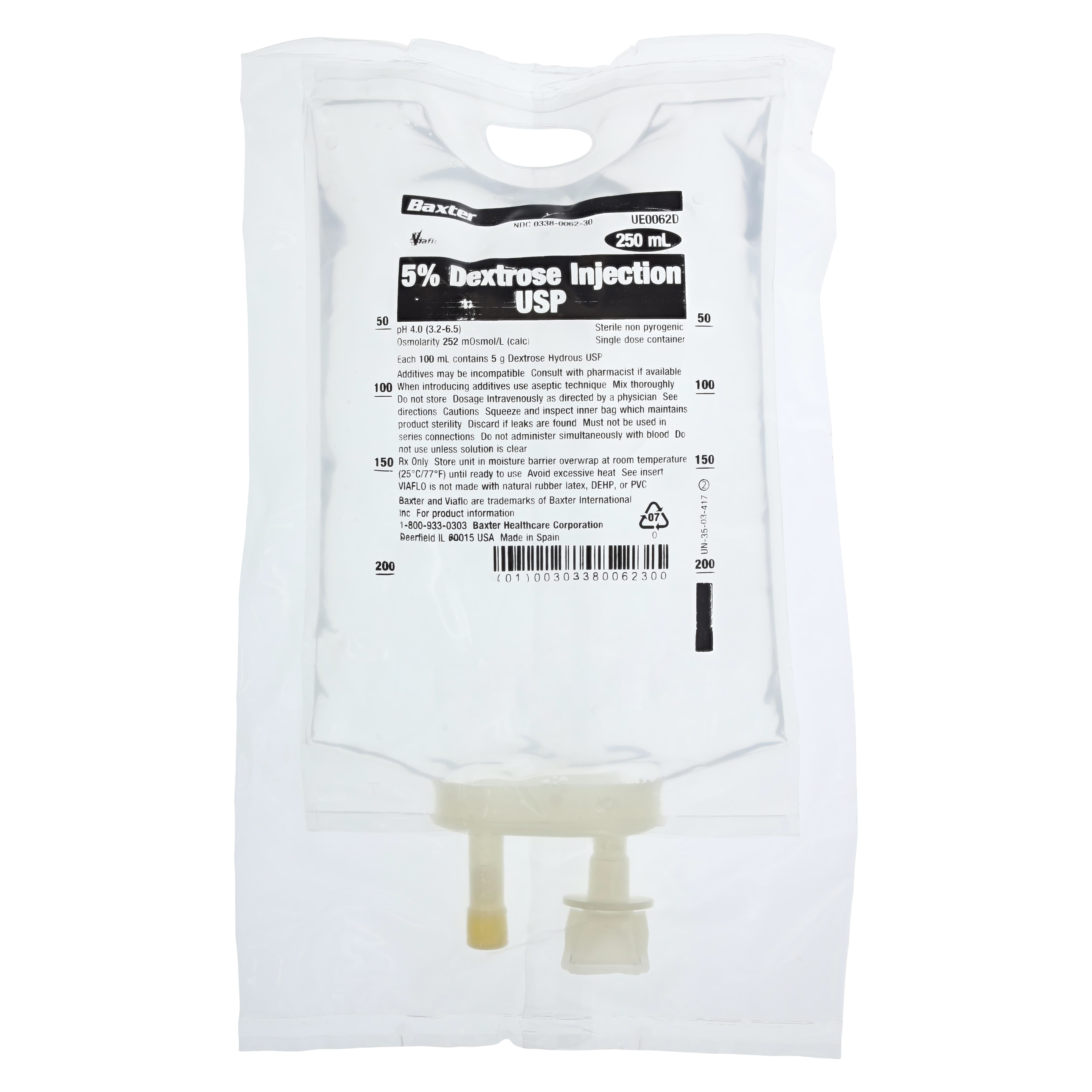 Baxter Viaflo Dextrose 5% Injection USP, 250 mL IV Bag, DEHP-Free, Latex-Free - Dextrose 5% Inj USP Bag - Image 1