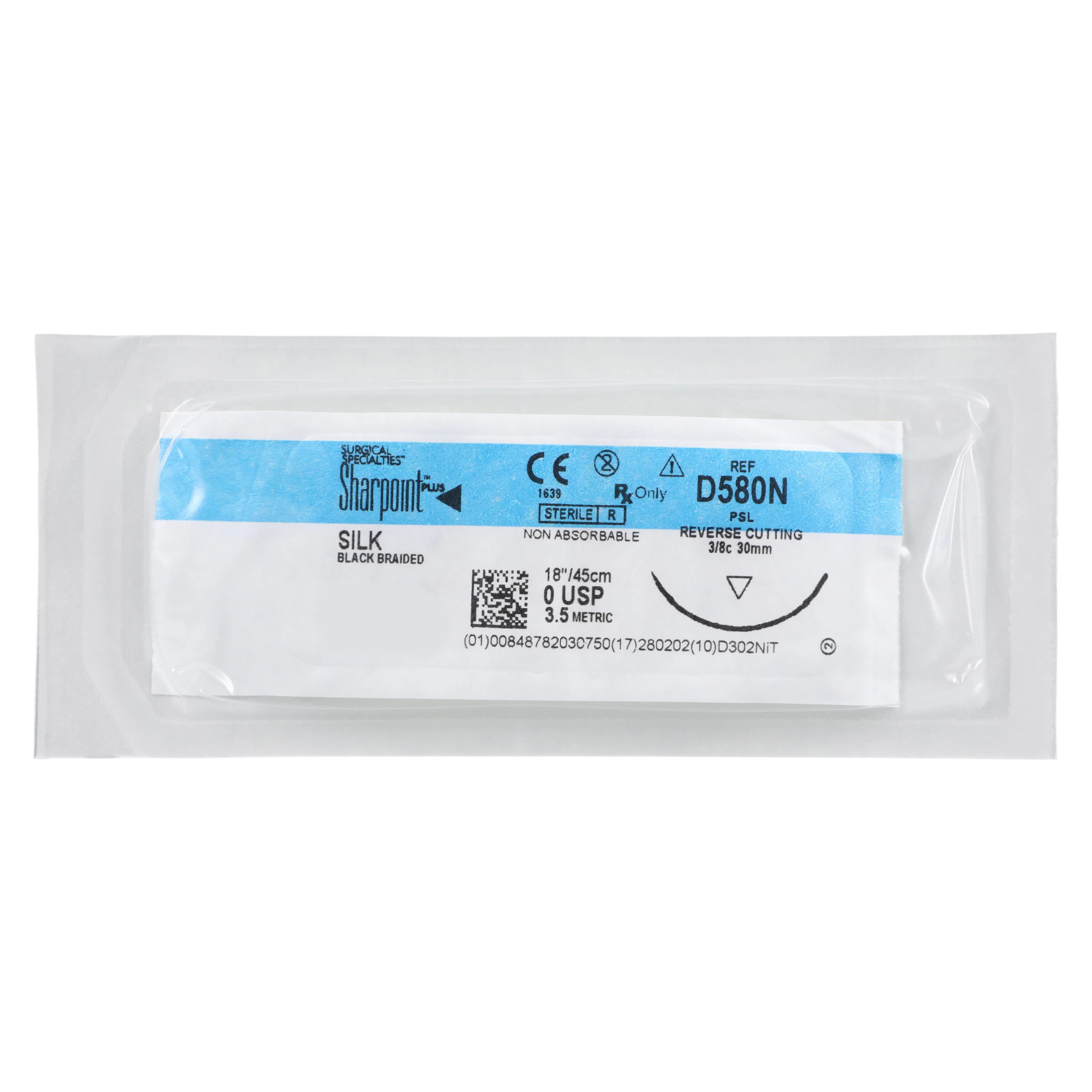 Sharpoint Plus Suture, Silk Braid, Size 0, 18" Length, PSL Precision Reverse Cutting 3/8 Circle Needle 30mm, Black, 12/Box thumbnail 3