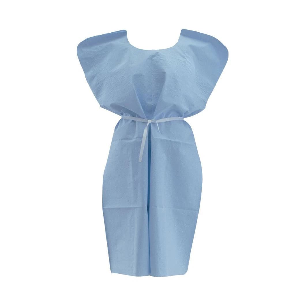 Medline Patient Exam Gown, Tissue/Poly/Tissue 3-Ply, Attached Ties, Large/Regular, 42" x 30", Blue, 50/Case - Gown Exam Disp TPT Blue - Image 1