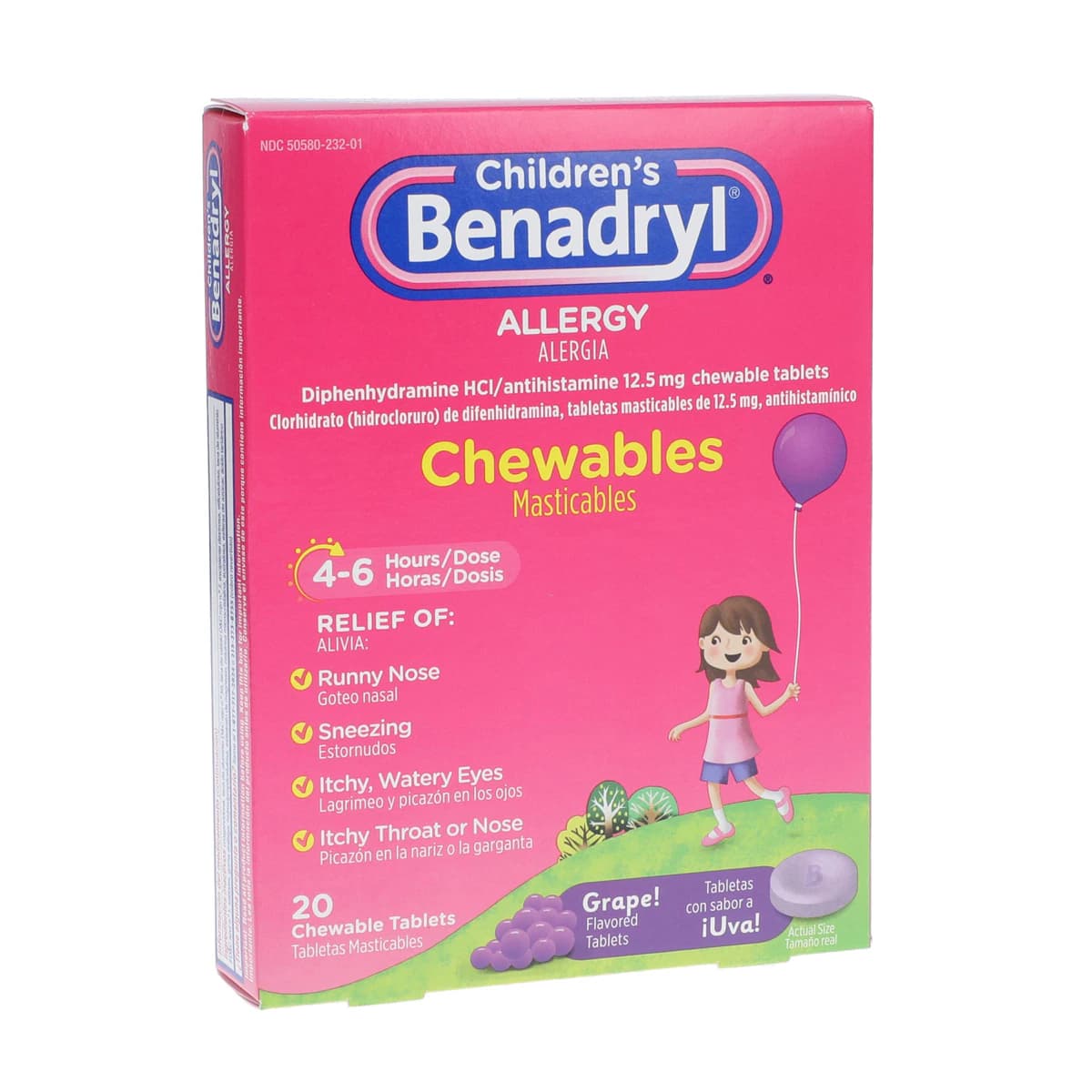 Benadryl Children's Allergy Chewable Tablets, 12.5 mg, Grape, 20 Count - Benadryl Child Chew Tab Grape - Image 1