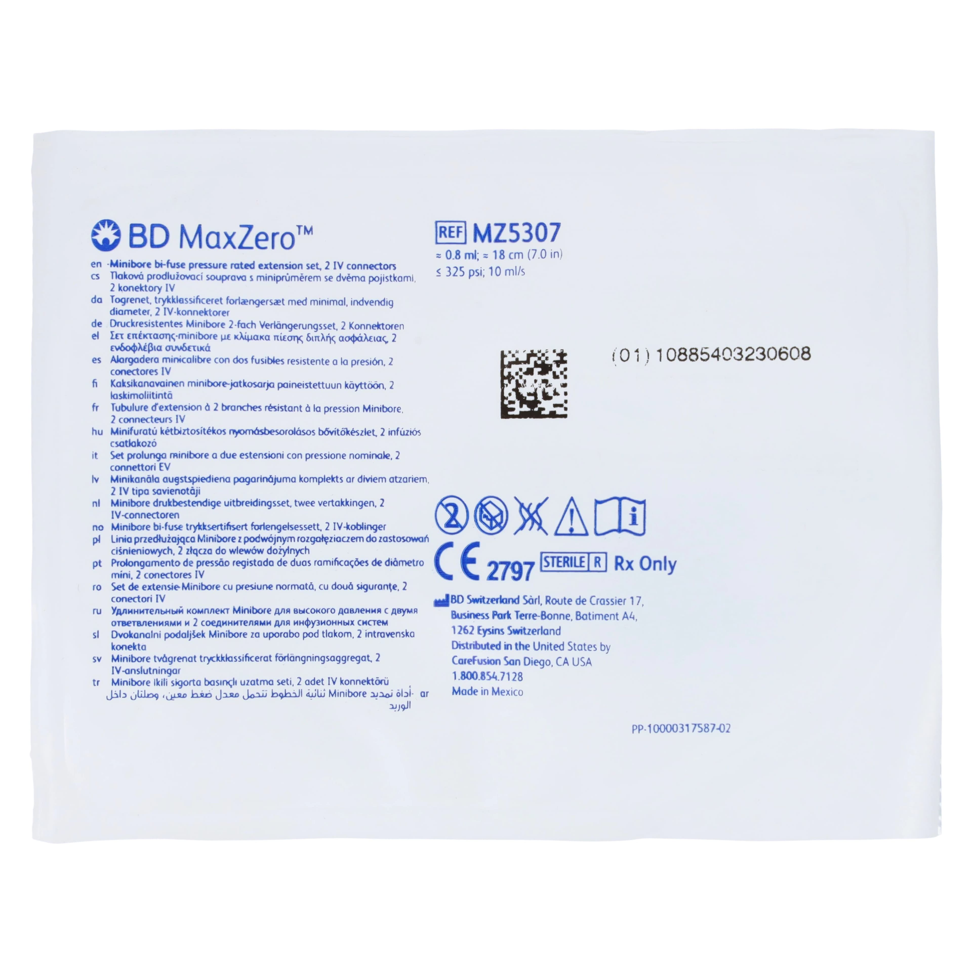 BD MaxZero Minibore IV Extension Set, 7", 10 mL/sec, Spin Male Luer Lock, 2 Slide Clamps, Needle-Free, Sterile, 50/Case thumbnail 2