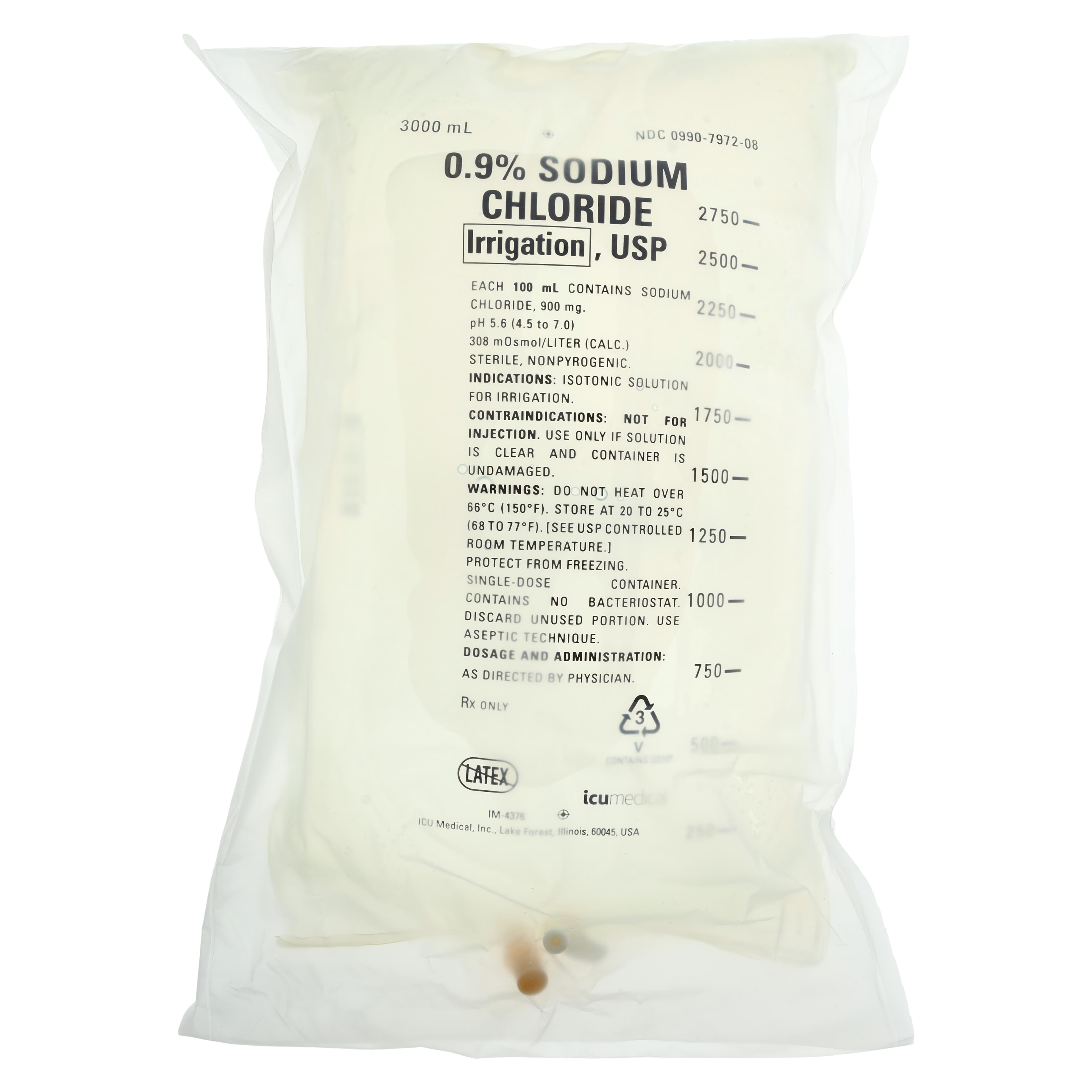 ICU Medical 0.9% Sodium Chloride Irrigation USP, 3000mL Flexible Bag, Sterile, 4/Case - ICU Medical 0.9% Sodium Chloride Irrigation USP - Image 1