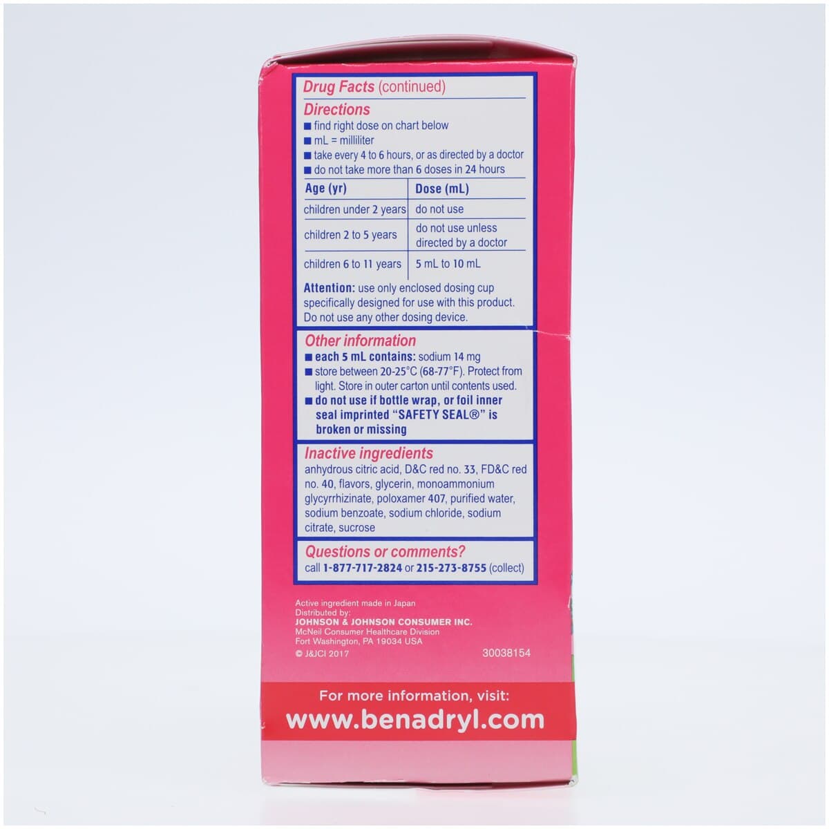 Benadryl Children's Allergy Liquid, 12.5 mg/5 mL, Cherry Flavor, 8 oz Bottle thumbnail 3