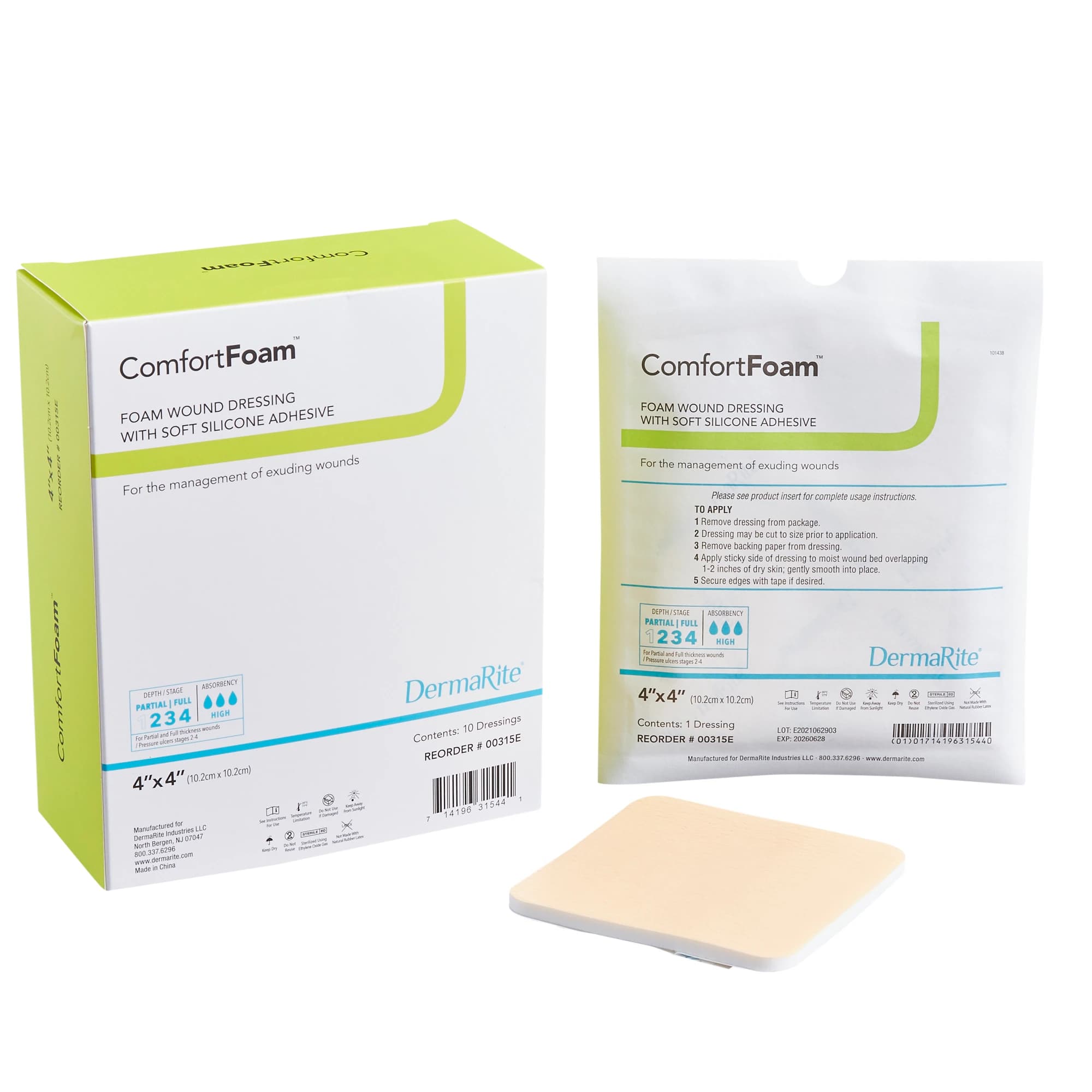 ComfortFoam Polyurethane Foam Wound Dressing, 4x4" Sterile Square, Self-Adherent Silicone Adhesive, Tan, Highly Absorbent - Dressing Wnd SfAdhsv w/Cmftfm - Image 1