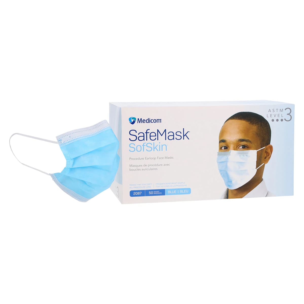 Medicom SafeMask SofSkin Earloop Face Mask, ASTM Level 3, Blue, 50/Box, 2087 thumbnail 2