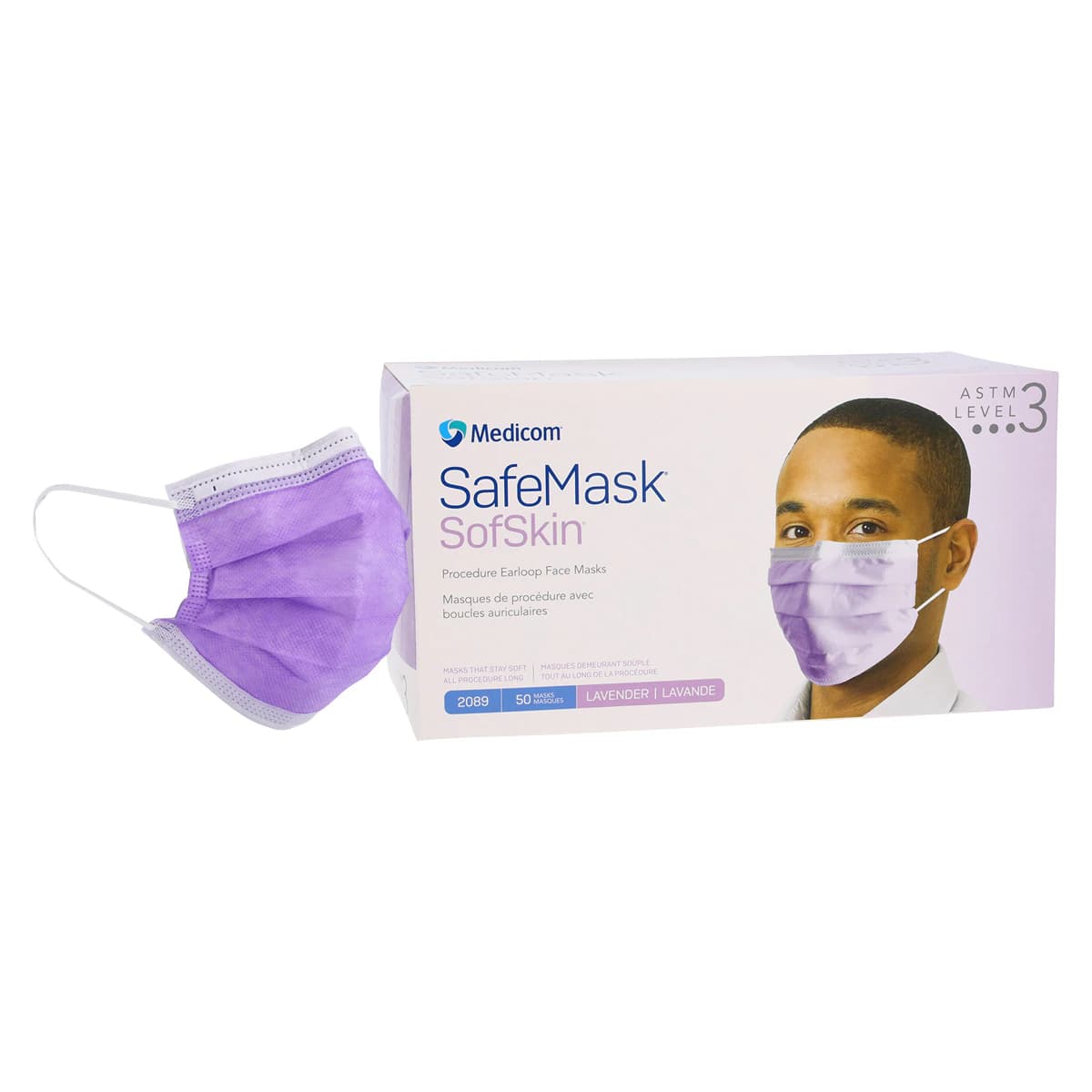 Medicom SafeMask SofSkin Earloop Face Mask, ASTM Level 3, Lavender, 50/Box, 2089 thumbnail 2