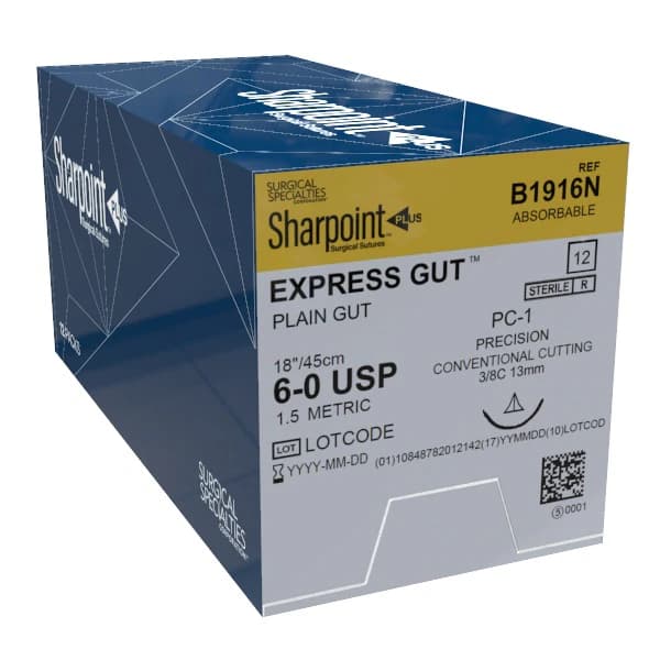 Sharpoint Plus Plain Gut Express Suture, Absorbable, PC-1 Precision Conventional Cutting Needle, 13 mm, 3/8 Circle, 6-0, 45 cm, 12/Pkg - Sharpoint Plus™ Plain Gut Express Suture – Absorbable, PC-1, Precision Conventional Cutting, 13 mm, 3/8 Circle, 45 cm Length, 12/Pkg - Size 6-0 - Image 1