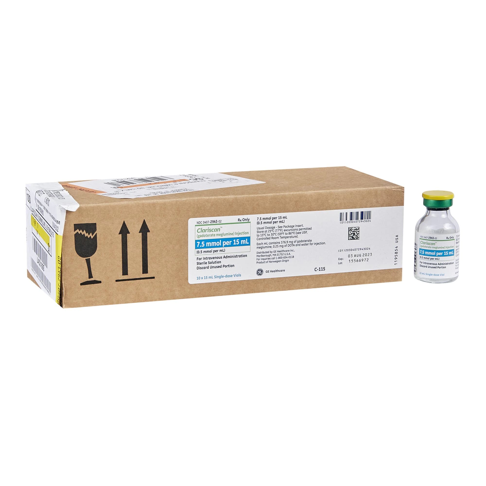 Clariscan (Gadoterate Meglumine) Injection 0.5 mmol/mL, Single-Dose Vial, 15 mL, 10/Package - Clariscan IV Sol 15mL - Image 1