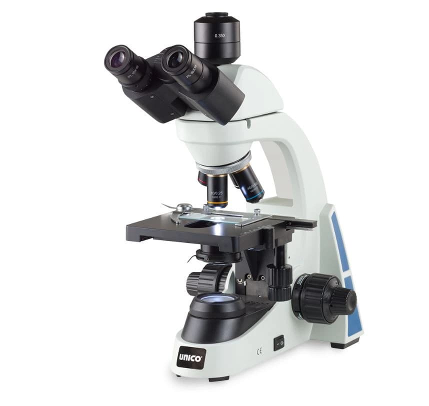 Unico M280 Series Trinocular Microscope, Mechanical Stage, 4x/10x/40XR/100XR Achromatic Objectives, LED, 4-Position Reverse Nosepiece - Microscope Lab Trinclr/Achrmtc - Image 1