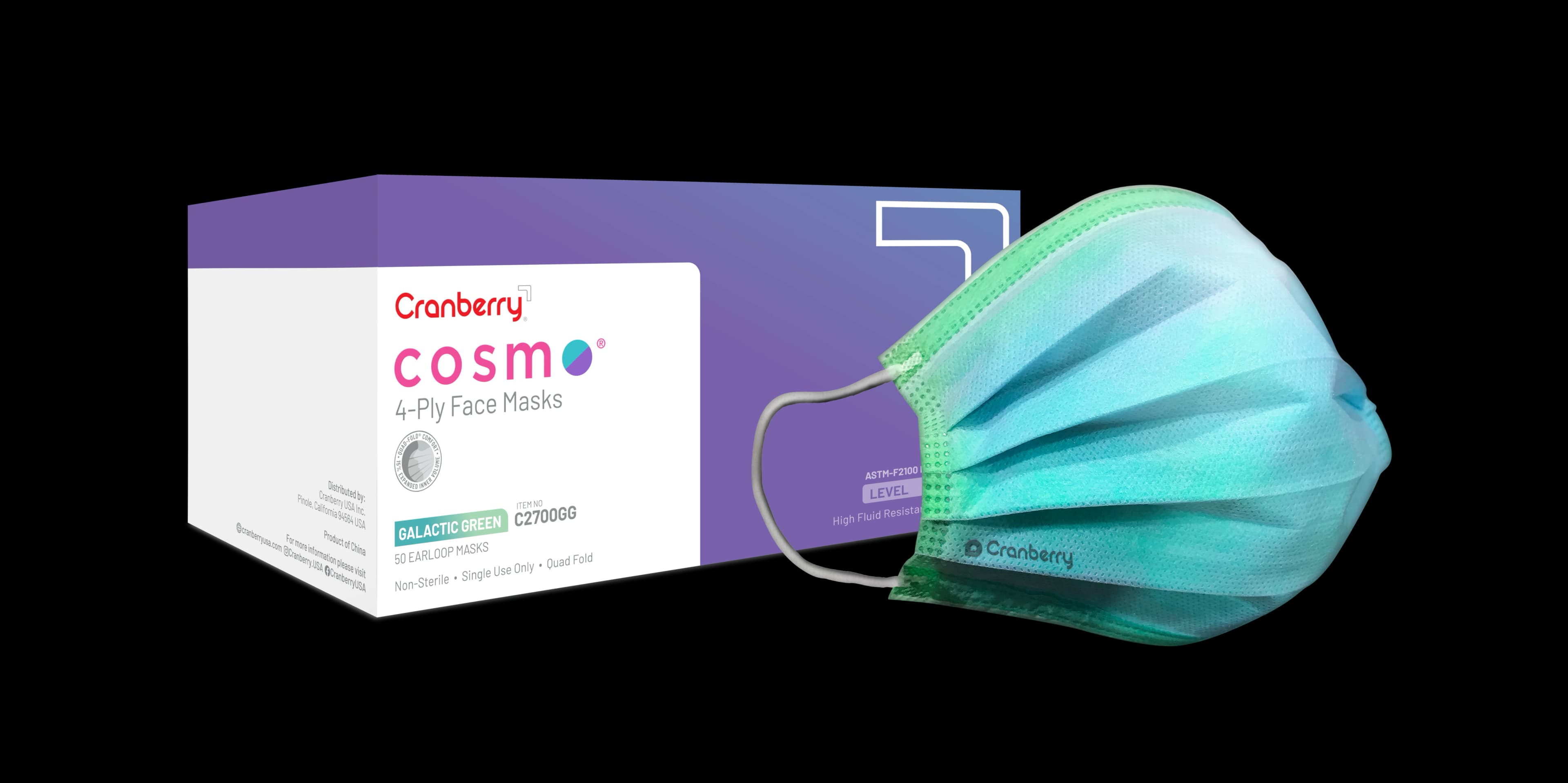 Cranberry Cosmo Procedure Face Mask, ASTM Level 3, 4-Ply, Earloop, Galactic Green, 50/Box, C2700GG thumbnail 2