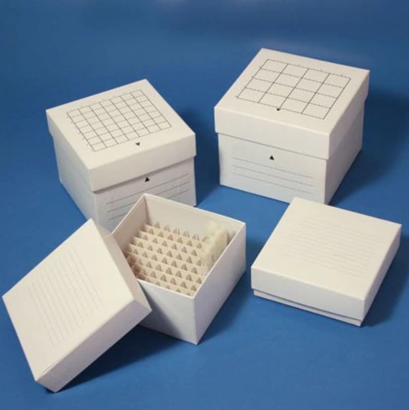 Globe Scientific Freezer Storage Box, Cardboard, 134x134x76mm, Detached Lid, 81-Place, for 3mL/4mL/5mL Cryoclear Vials, White, with Dividers (9x9 Array) - Box Storage Freezer Cardboard - Image 1