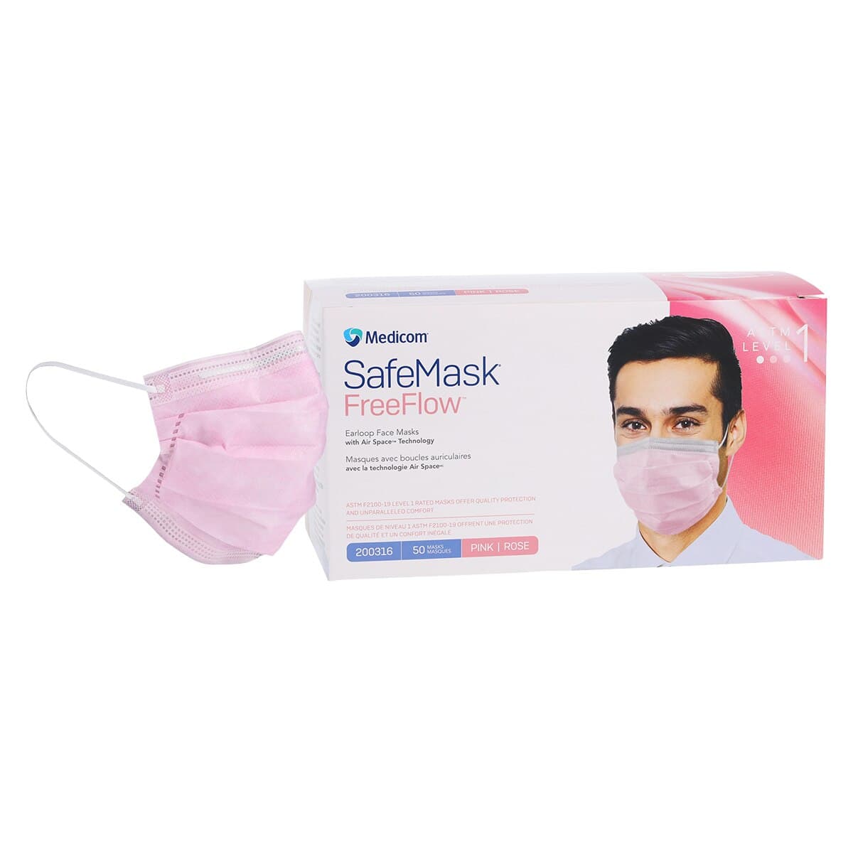 Medicom SafeMask FreeFlow Procedure Face Mask, ASTM Level 1, Pink, Ear Loop, 50/Box thumbnail 2
