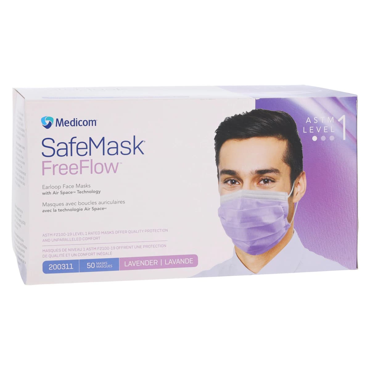 Medicom SafeMask FreeFlow Procedure Face Mask, ASTM Level 1, Lavender, Ear Loop, 50/Box thumbnail 4