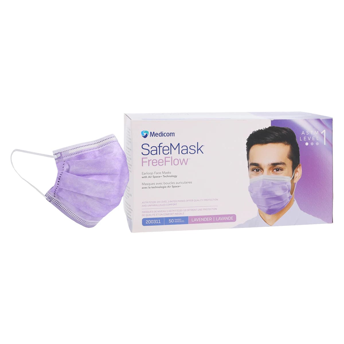 Medicom SafeMask FreeFlow Procedure Face Mask, ASTM Level 1, Lavender, Ear Loop, 50/Box thumbnail 2