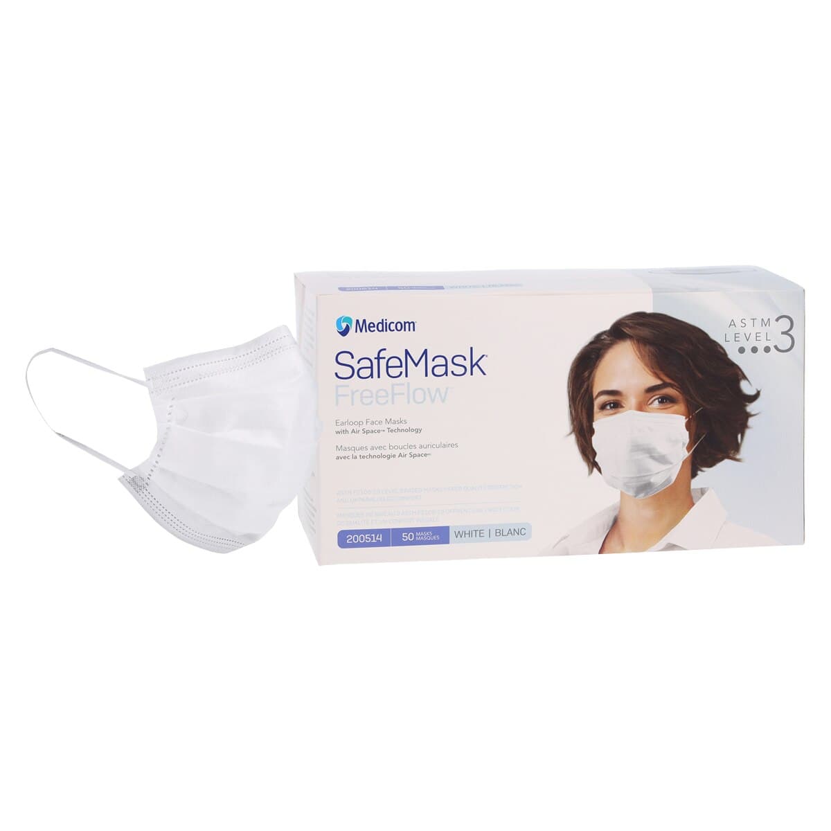 Medicom SafeMask FreeFlow Procedure Face Mask, ASTM Level 3, White, Ear Loop, 50/Box, 200514 thumbnail 2