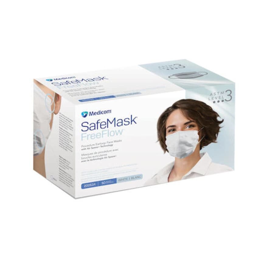 Medicom SafeMask FreeFlow Procedure Face Mask, ASTM Level 3, White, Ear Loop, 50/Box, 200514 - SafeMask® FreeFlow™ Procedure Face Mask ASTM Level 3 White Box of 50 - Image 1