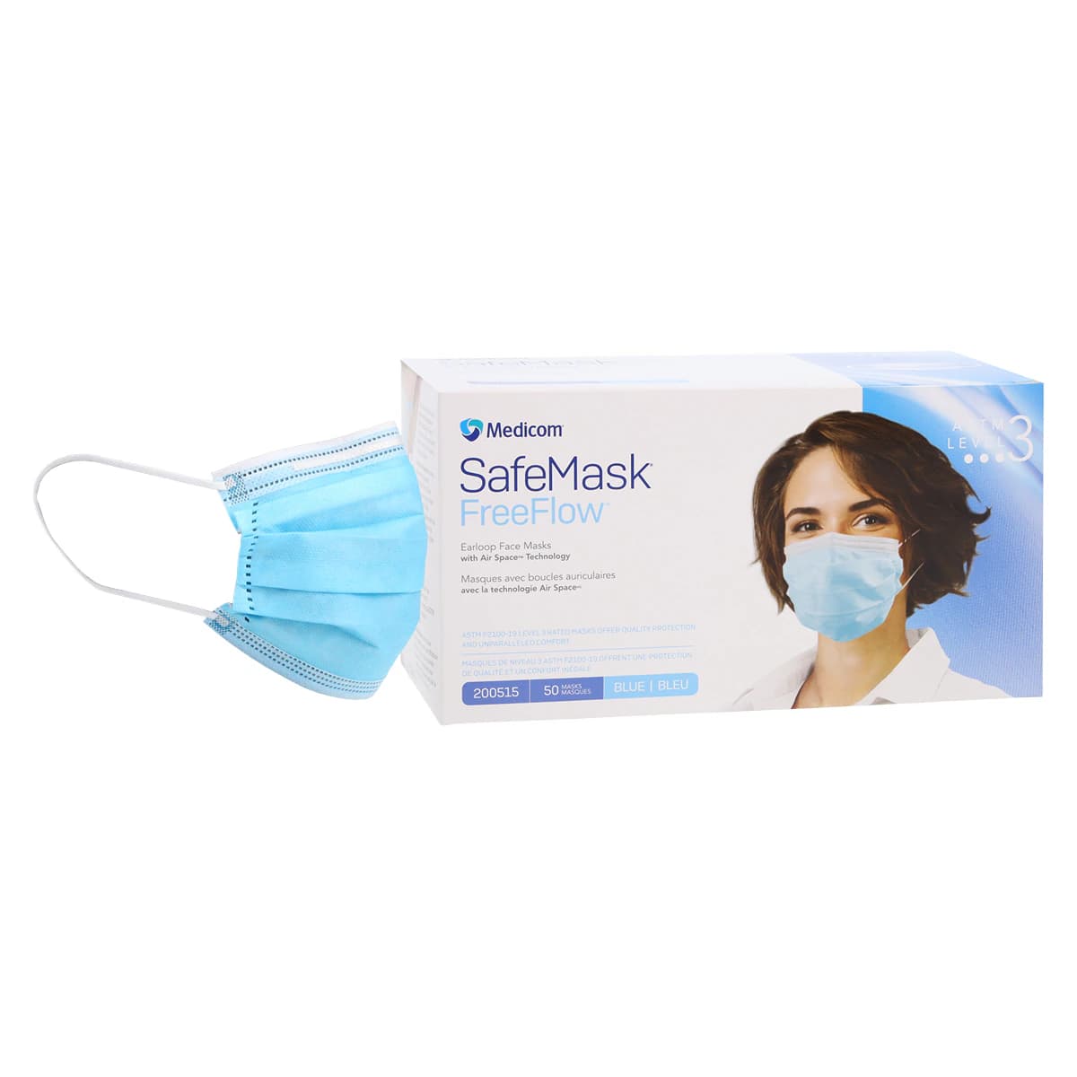 Medicom SafeMask FreeFlow Procedure Face Mask, ASTM Level 3, Blue, 50/Box, 200515 thumbnail 2