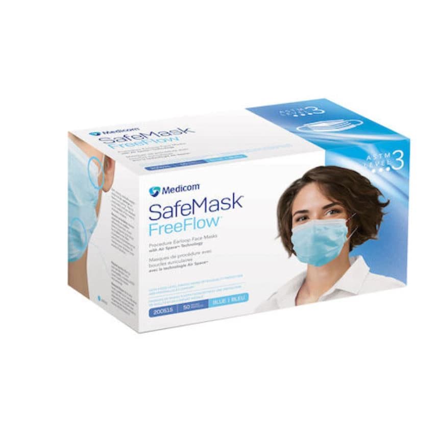 Medicom SafeMask FreeFlow Procedure Face Mask, ASTM Level 3, Blue, 50/Box, 200515 - SafeMask® FreeFlow™ Procedure Face Mask ASTM Level 3 Blue Box of 50 - Image 1