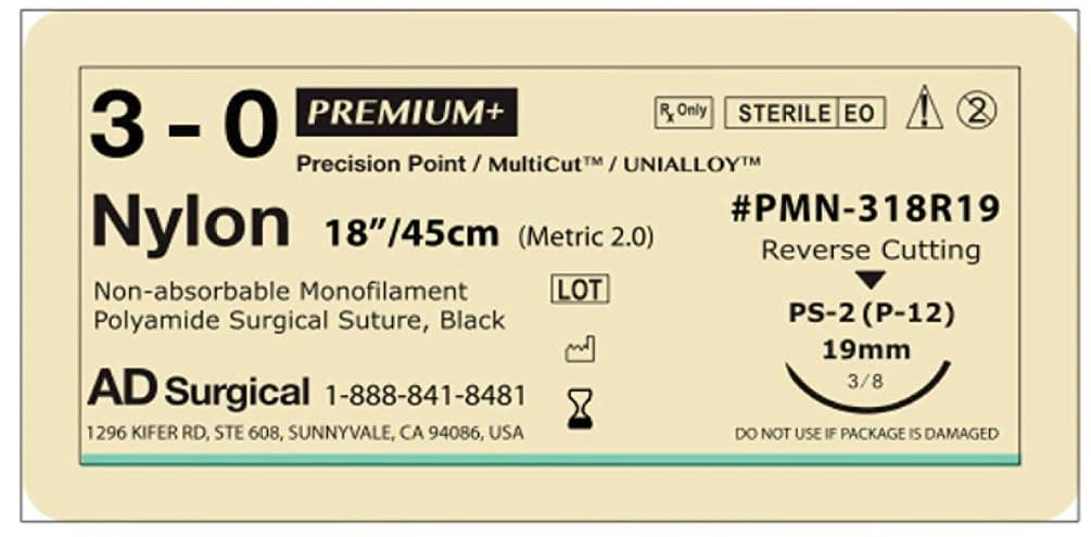 Unify Premium+ Suture Nylon Monofilament 3-0, 18", Non-Absorbable, PS-2 Reverse Cutting 3/8 Circle Needle 19mm, Uncoated Black, 12/Box - Suture Nylon Med Black PS-2 - Image 1