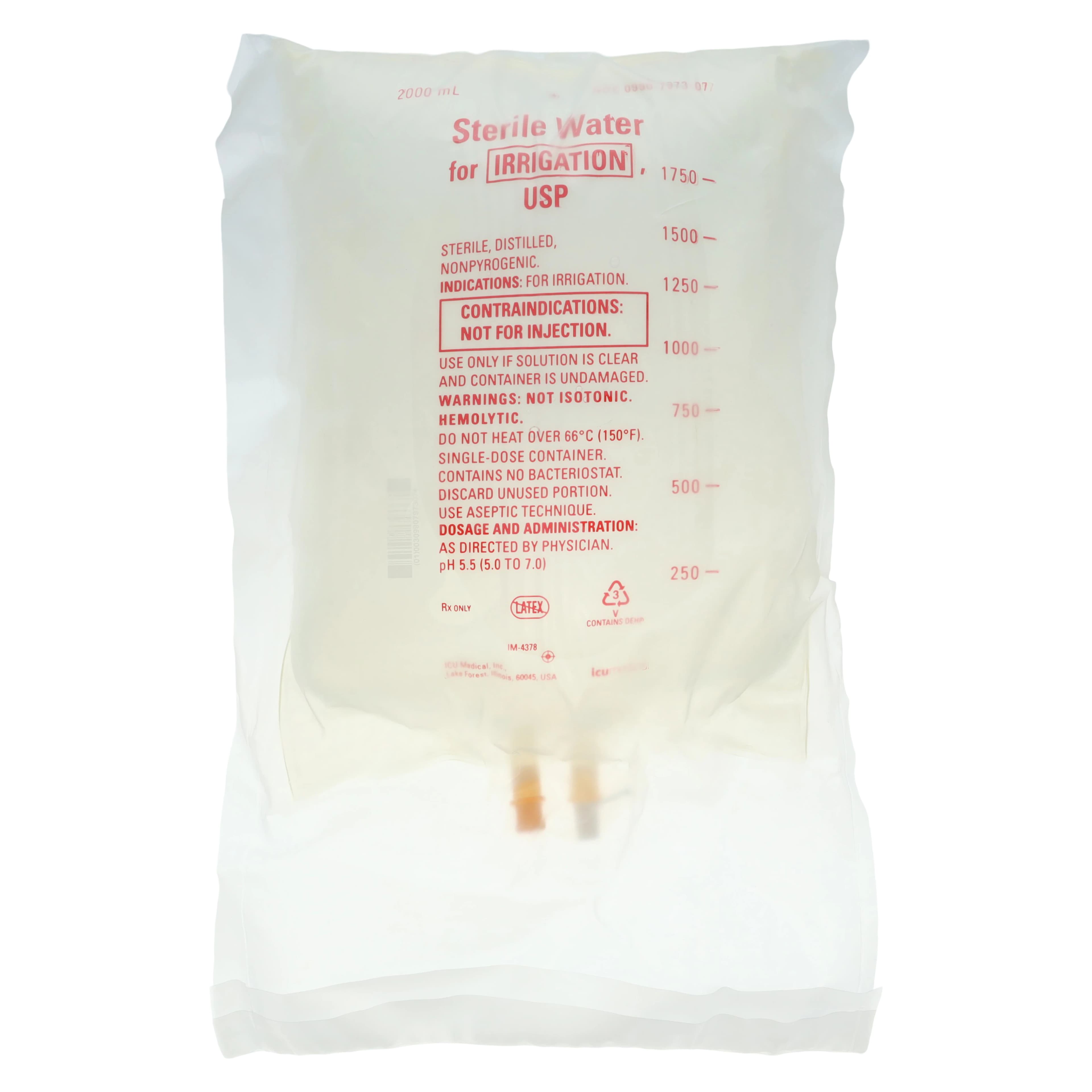 ICU Medical Sterile Water for Irrigation Bag, 2000 mL, DEHP-Free, Latex-Free, 6/Case - Sterile Water F/Irrigation Bag - Image 1