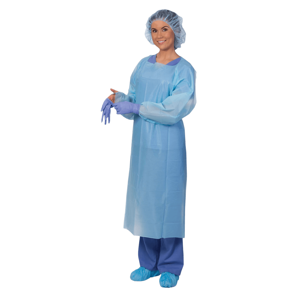 PremierPro Disposable Cover Gown, Polyethylene Film, Universal Blue, Non-Sterile, Open Back, Over-the-Head, Long Sleeves with Thumb Loops, 75/Case - MED PremierPro Cover Gown - Image 1