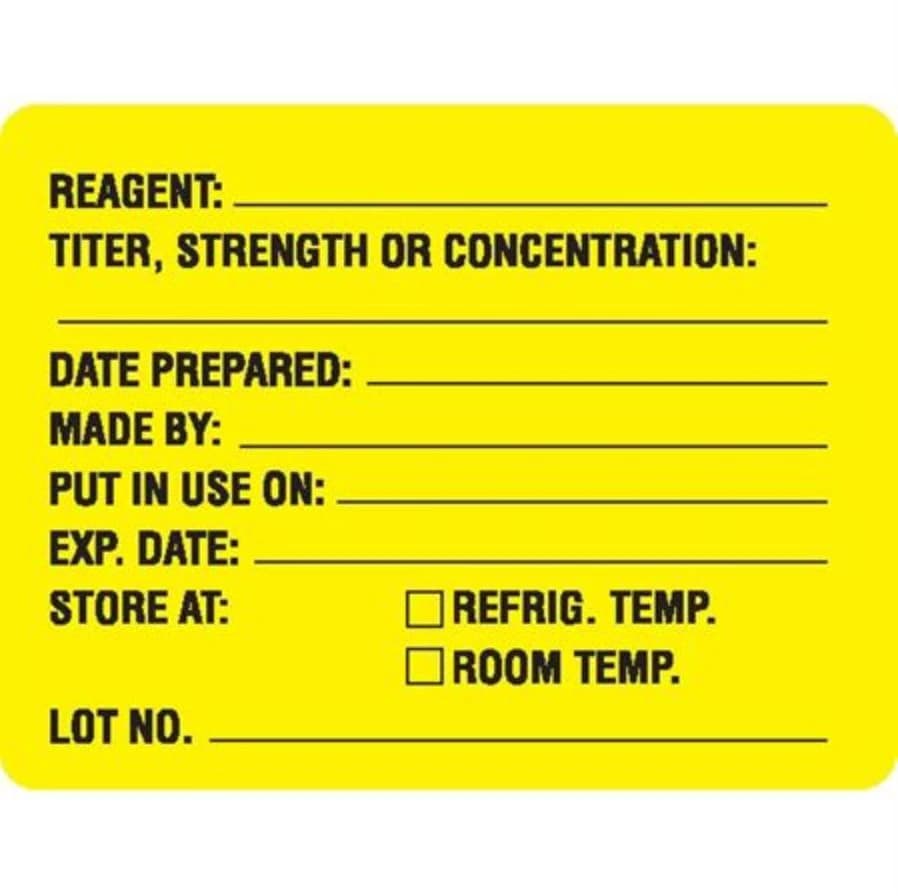 Marketlab Reagent Label, Titer/Strength/Concentration/Date Prepared, Yellow/Black Text, 2-5/8" x 2", 1000/Package - Label Reagent Yellow/Black Txt - Image 1