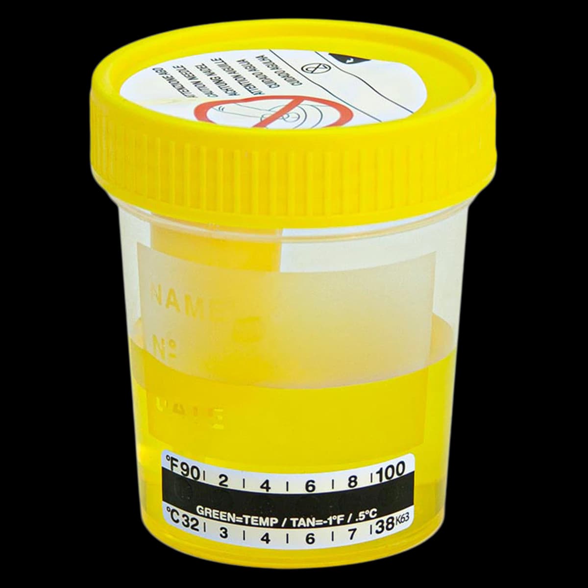 Globe Scientific TransferTop Urine Collection Cup, 120 mL, Sterile, with Integrated Transfer Device and Attached Thermometer, Yellow Screw Cap, Clear, Graduated, 300/Case - Cup Collection Urine - Image 1