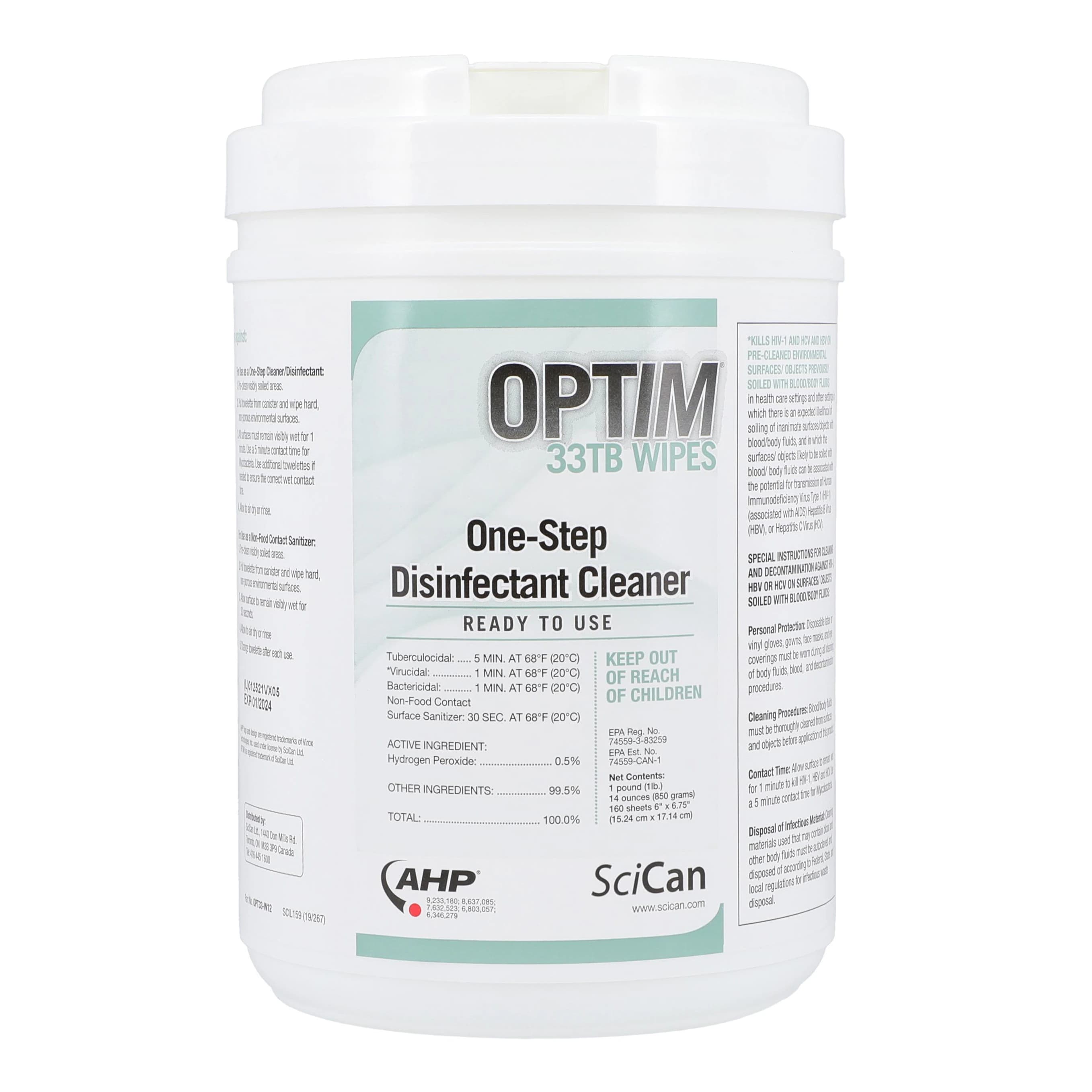 SciCan Optim 33TB Disinfectant Cleaner Wipes, 6" x 7", 160/Canister, OPT33-W12 - Optim 33 TB Wipes 6x7 160/Cn - Image 1