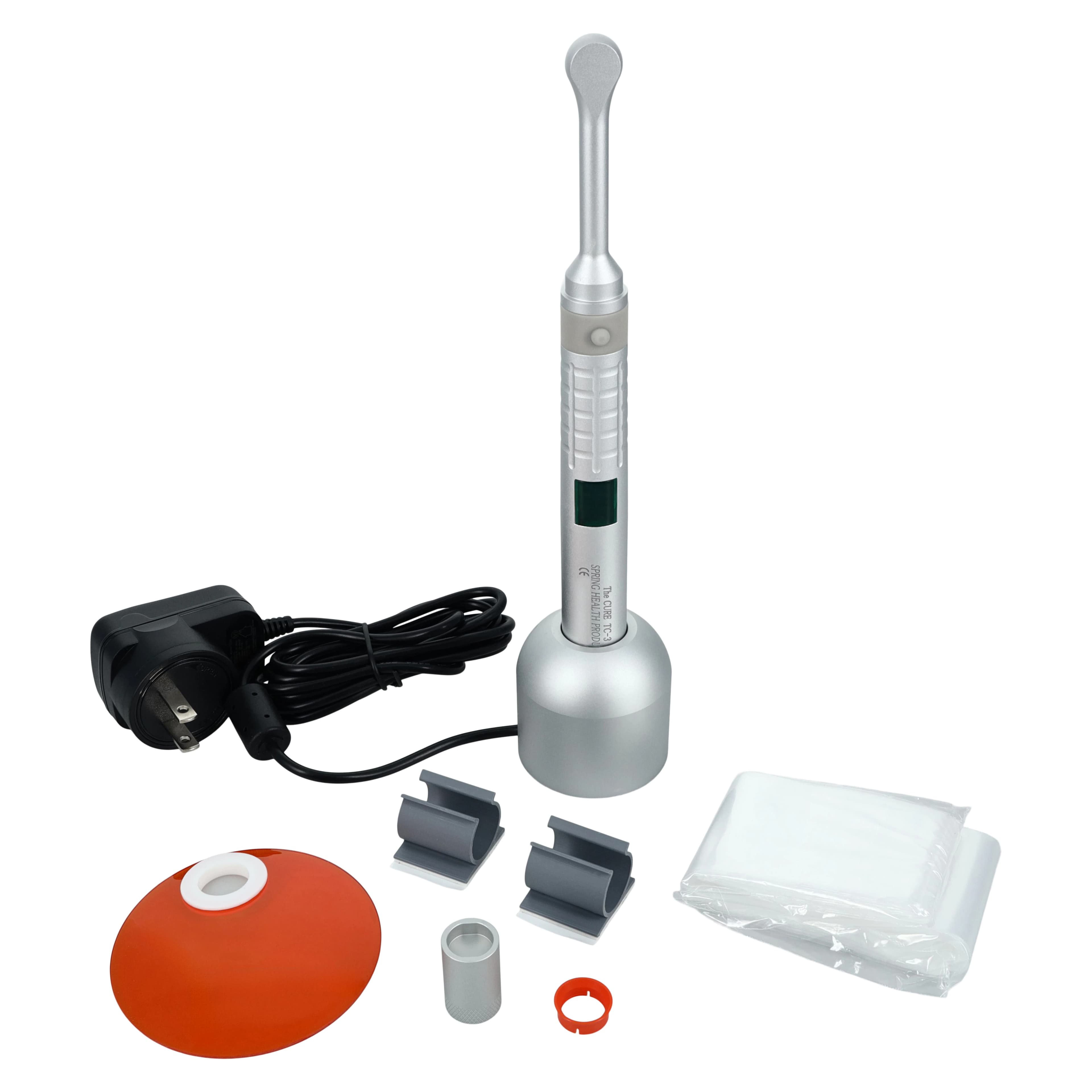 The Cure TC-3 Cordless LED Curing Light, Wide 11mm Lens, Flat Low-Profile Head, Silver, 1400 mW/cm², Complete Unit - Tc-3 Spring The Cure Led Curing Light Cordless With Wide Lens and Flat Low Profile Head - Image 1