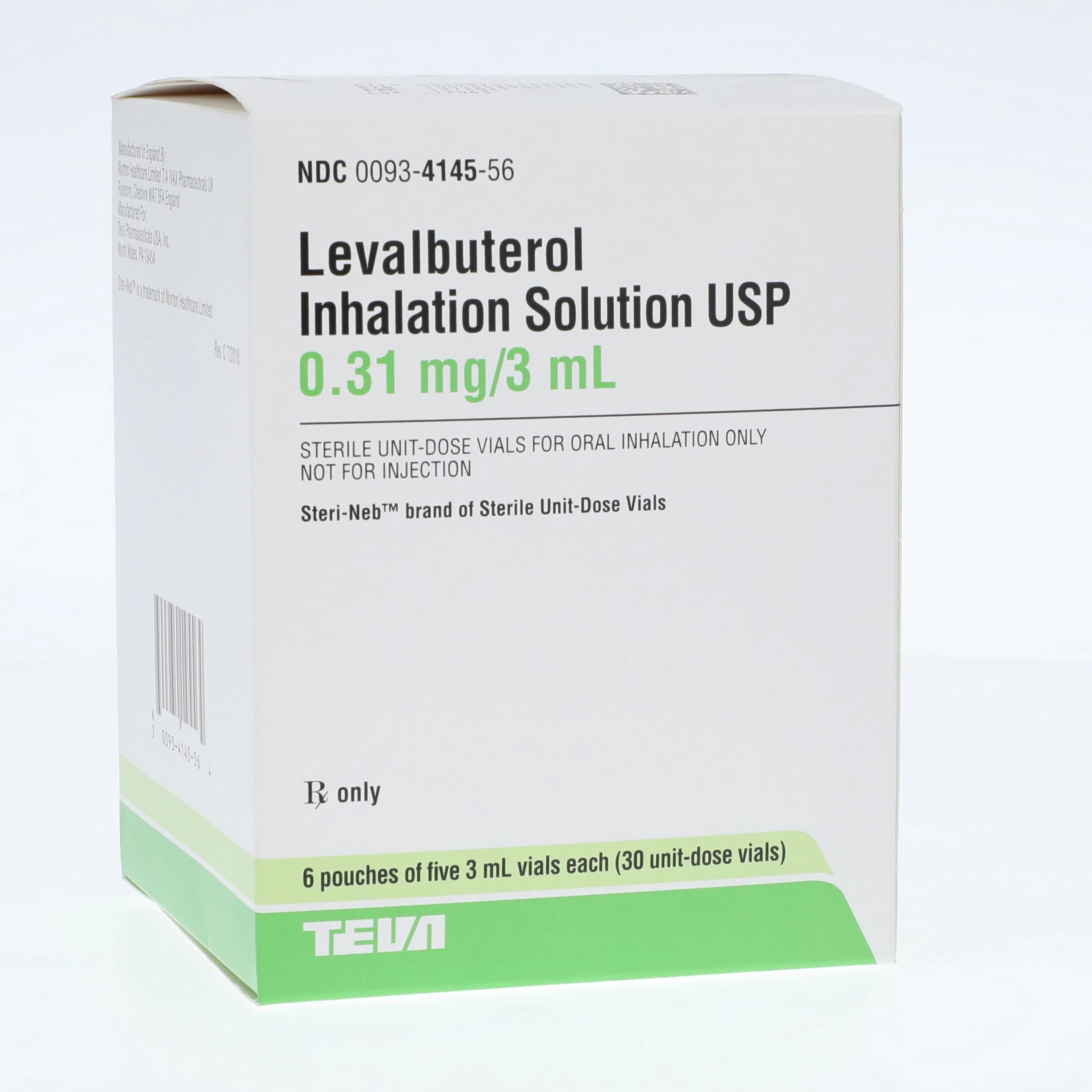 Levalbuterol Inhalation Solution 0.31 mg/3 mL, 3 mL Unit-Dose Vials, 30/Package (Teva Pharmaceuticals) - Levalbuterol Inhaler Solution - Image 1