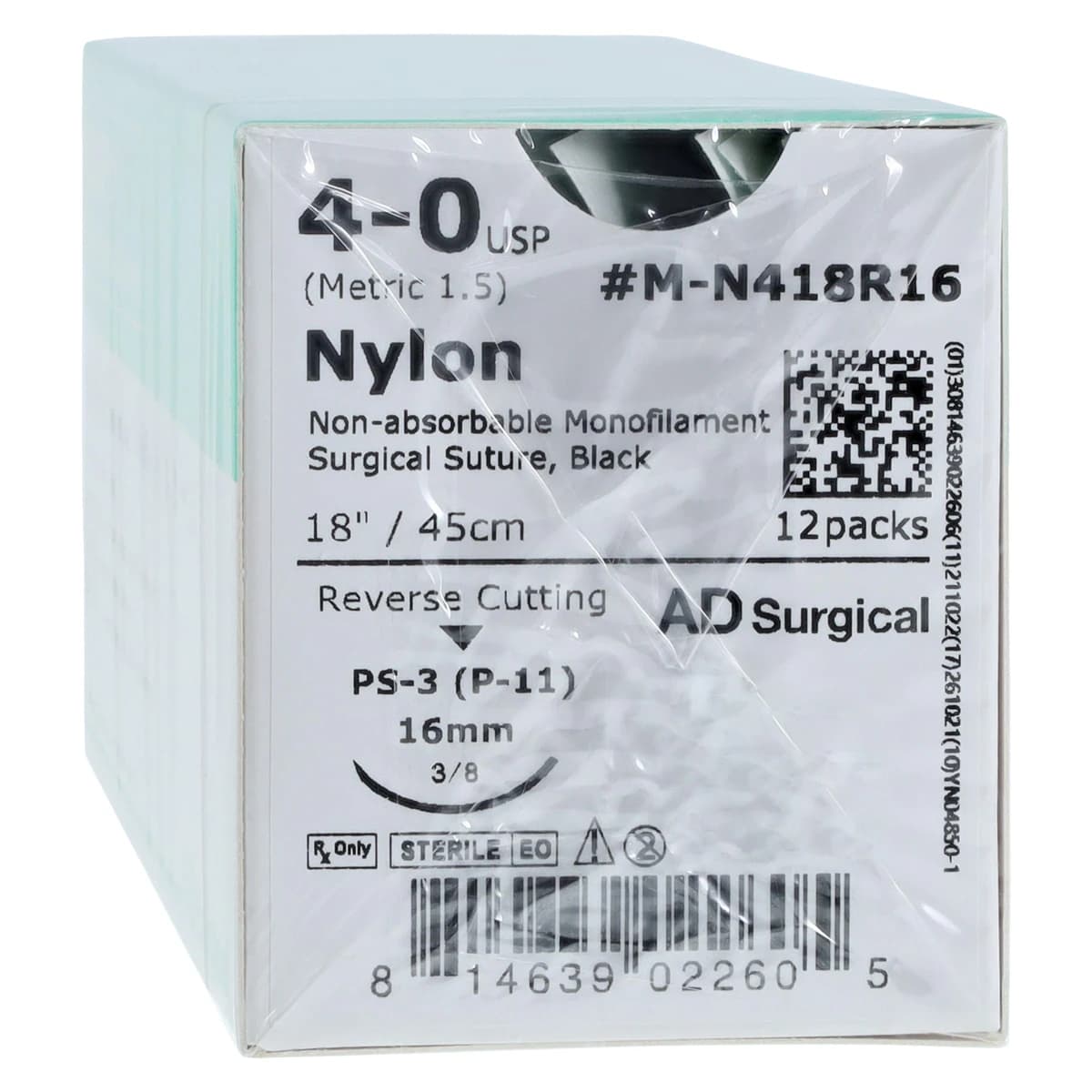 Unify Nylon Monofilament Suture, 4-0, 18", FS-3 Reverse Cutting 3/8 Circle Needle 16mm, Black, 12/Box - Suture Nylon Unify Black PS-3 - Image 1