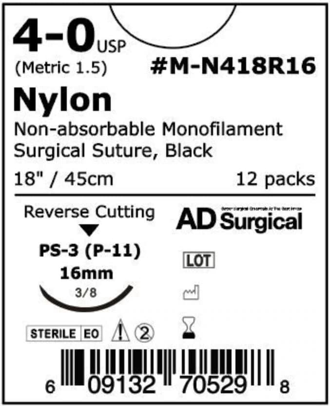 Unify Nylon Monofilament Suture, 4-0, 18", FS-3 Reverse Cutting 3/8 Circle Needle 16mm, Black, 12/Box thumbnail 2